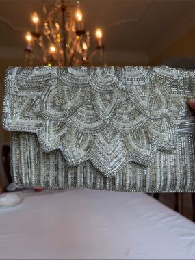 INC International Concepts Ivory and Silver Beaded Clutch